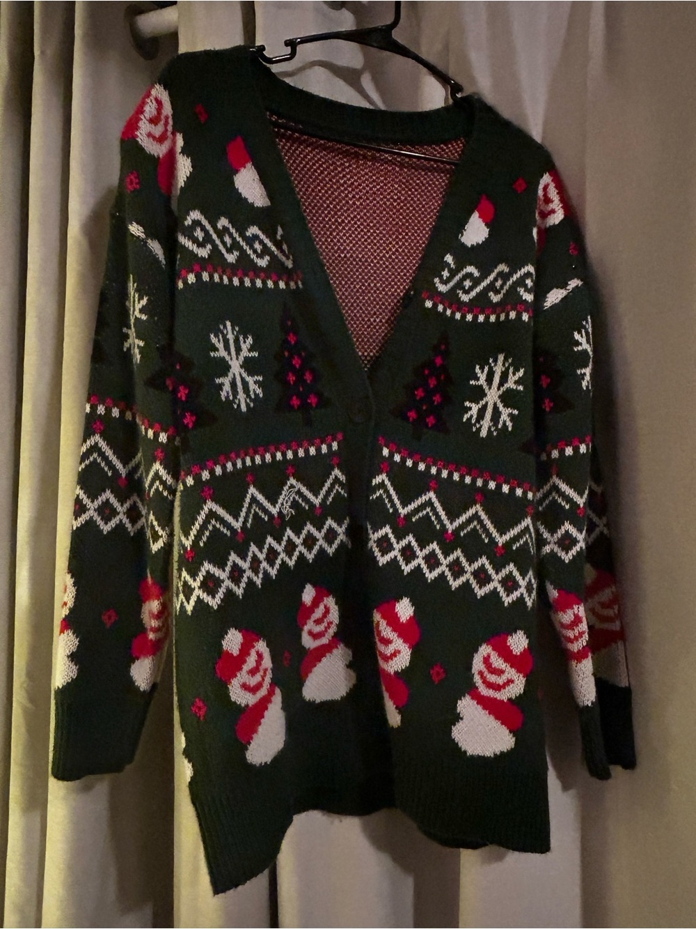 Dark Green Holiday Snowman V-Neck Women's Sweater